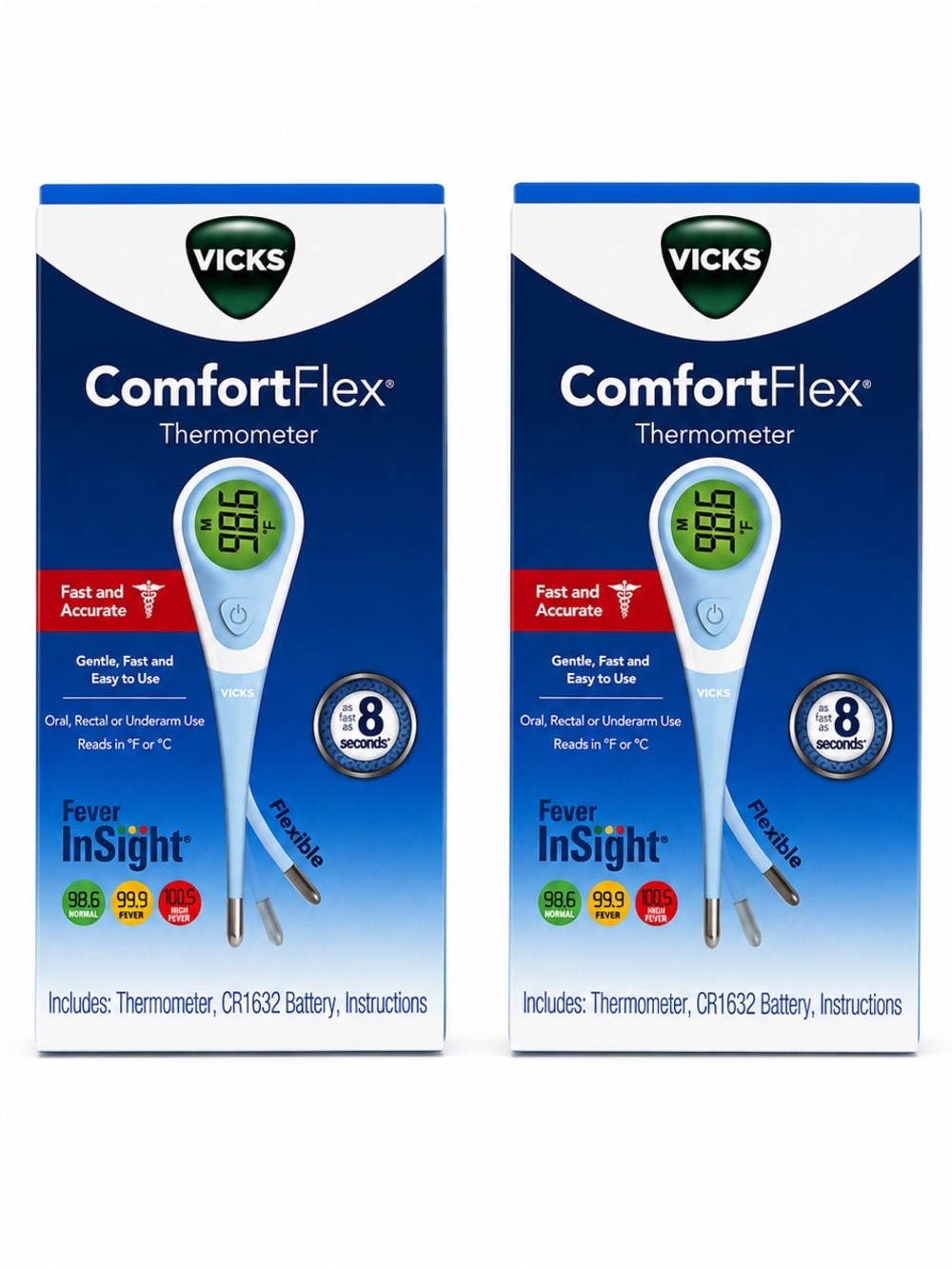 Vicks ComfortFlex Digital Thermometer 2-Pack Fast 8-Second Fever InSight Oral